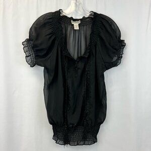 Fun & Flint Womens Blouse Black Short Sleeve Tie Neck Sheer Tassels Pullover S